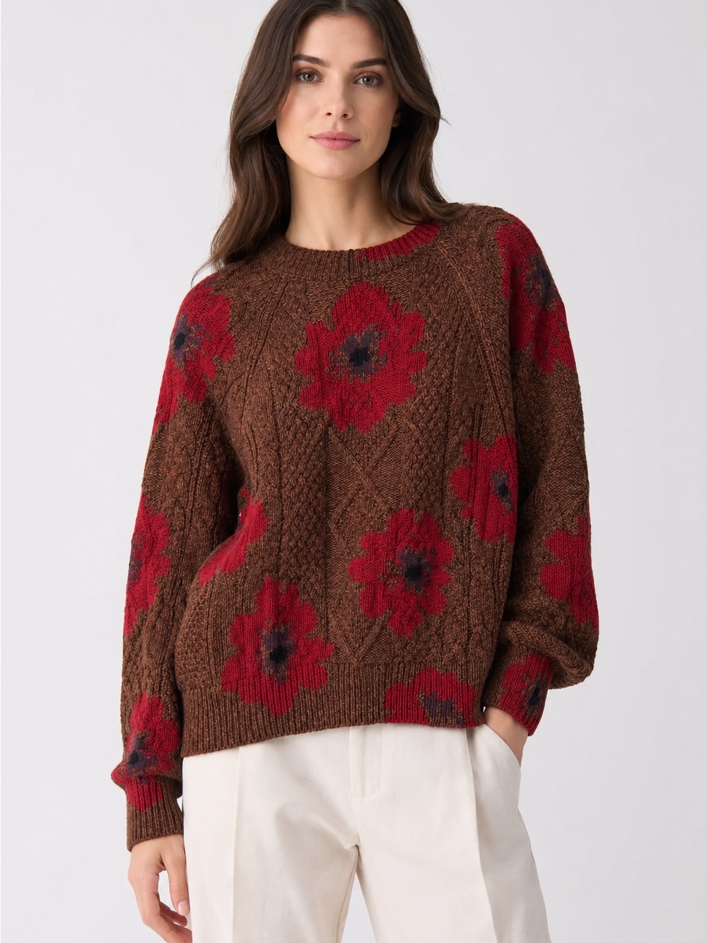 Barrie cable sweater red floral 100% cashmere  made under Chanel ownership NWT